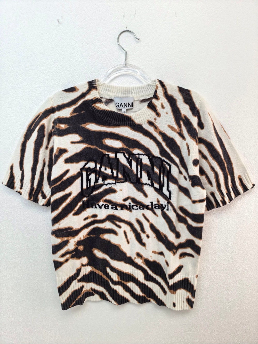 Ganni Cream, Black & Brown Zebra Print Short Sleeve Sweater